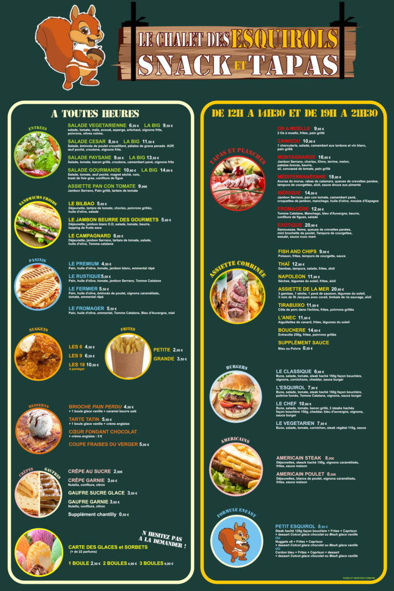 La carte du Snack Parc Aventure du Soler Perpignan