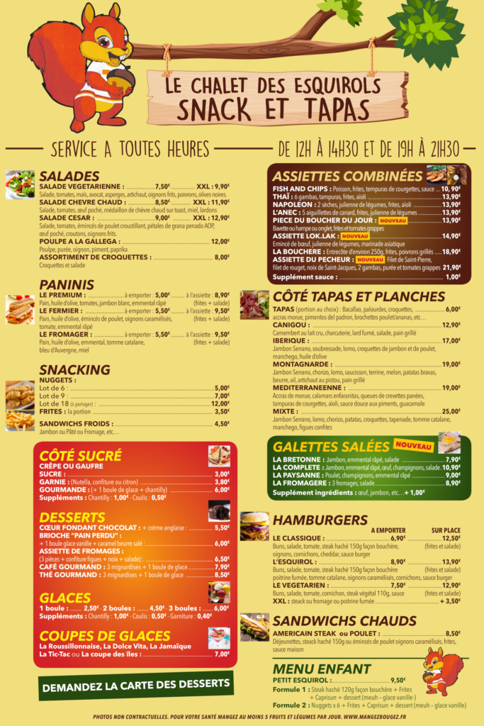 La carte du Snack Parc Aventure du Soler Perpignan